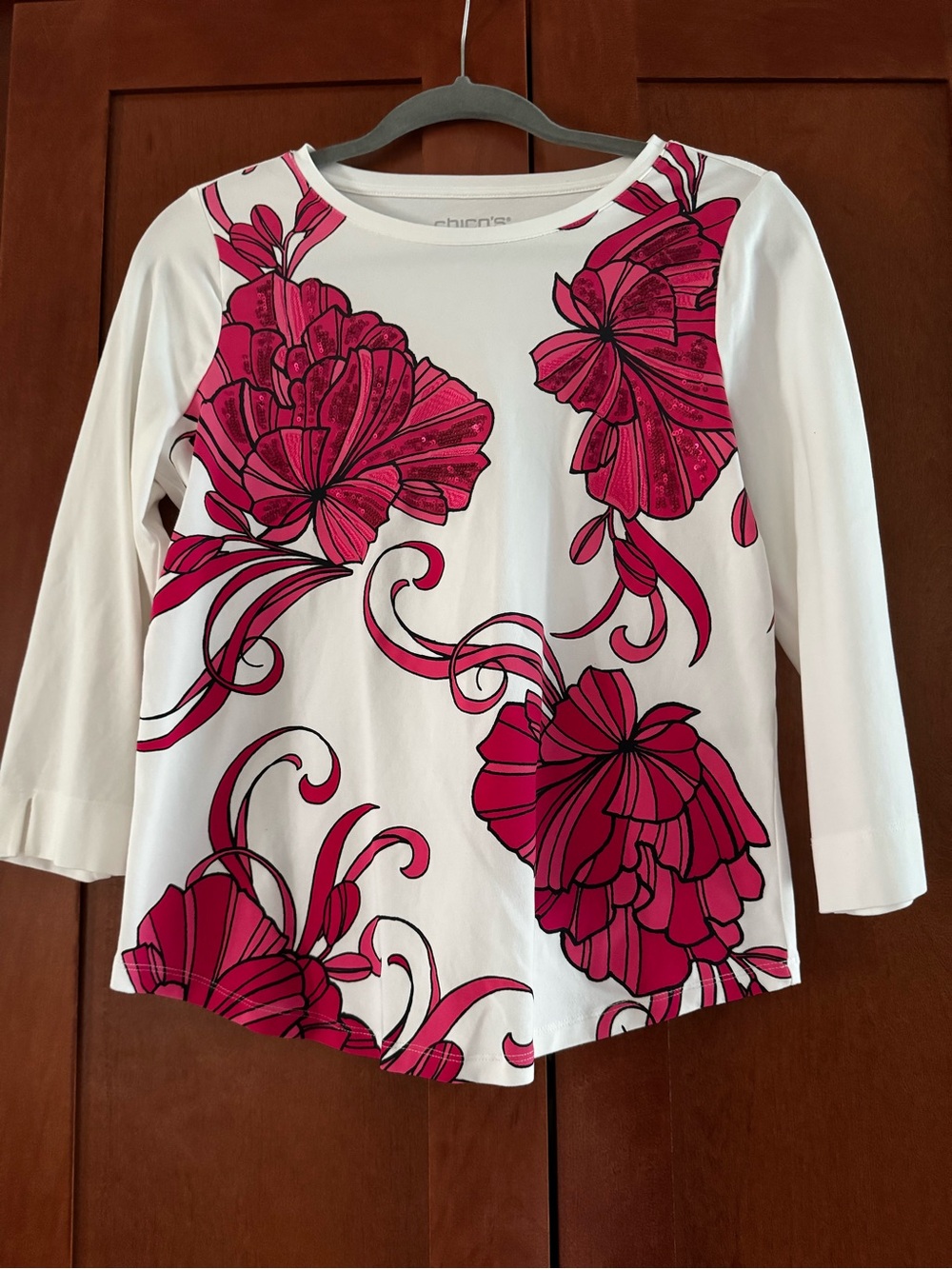 Chico’s Floral Sequin Embellished 3/4 Sleeve Cotton Blend Top Size 0 Small